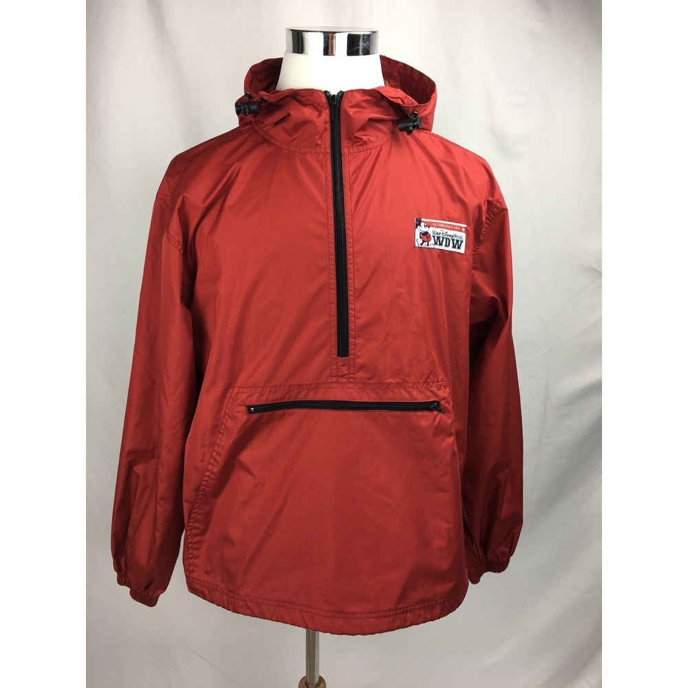 Walt Disney World Red Raincoat Wind Breaker MEDIUM Hood Pockets Zipper STAIN